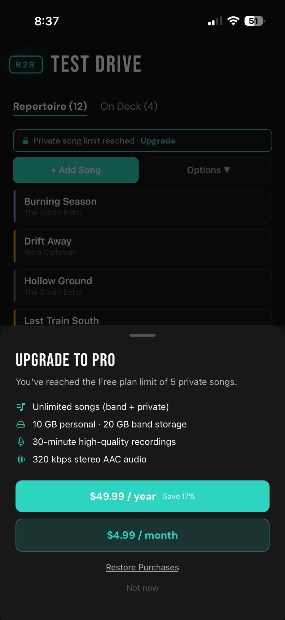 R2R upgrade prompt showing Pro features and pricing