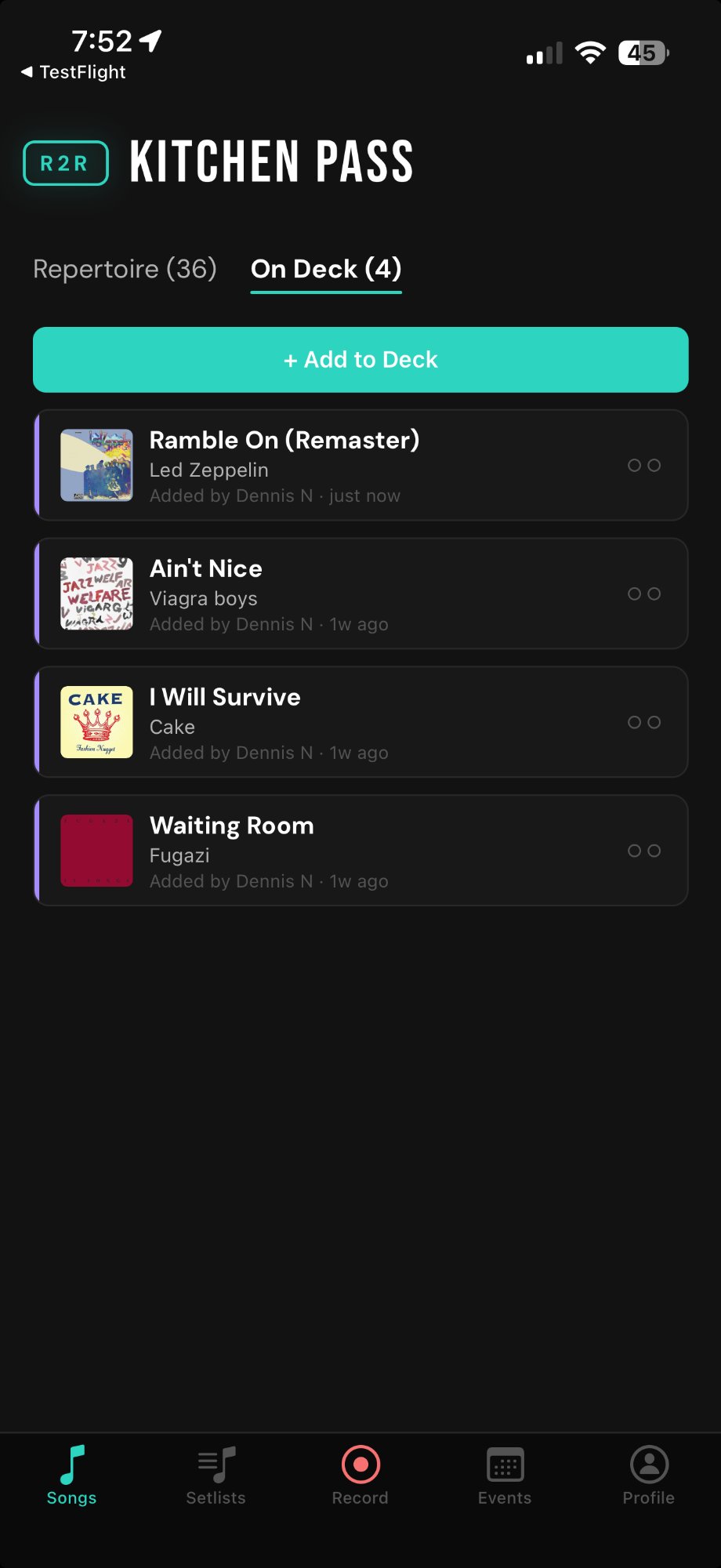 On Deck list with pending songs