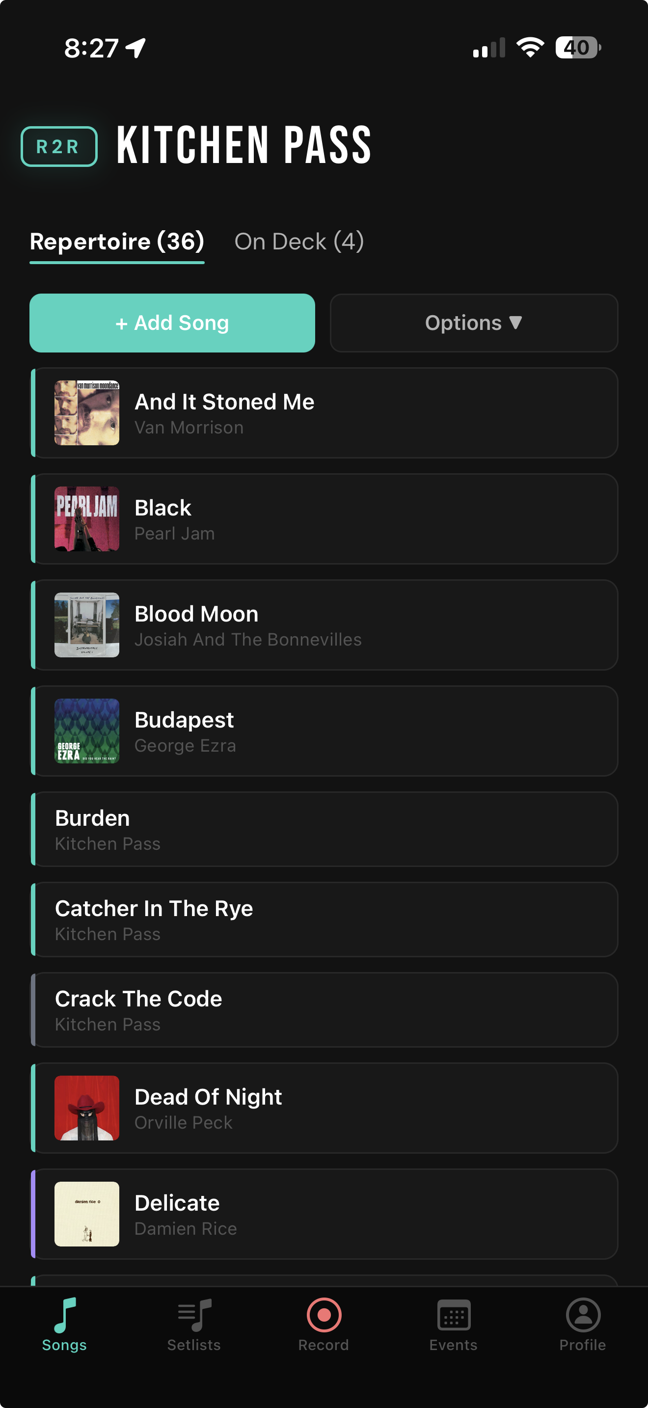 Song repertoire in Midnight theme